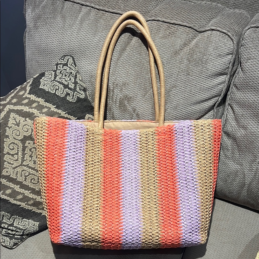 Striped Woven Tote Bag - Multicolor